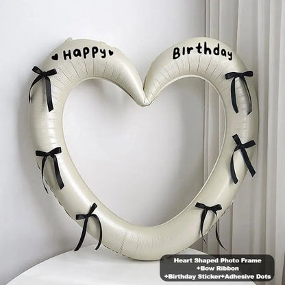 Happy Birthday Heart Photo Frame Balloon with Bowknot Stickers Girlsfriend Birthday Party Photo Props Wedding Ballon Decoration