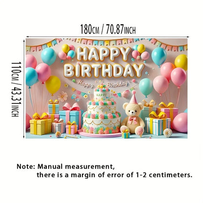 One, a "Happy Birthday" banner, colorful balloons and cake design, with a teddy bear, a birthday party background banner