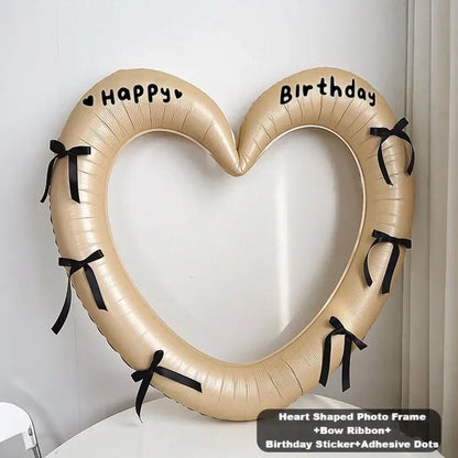 Happy Birthday Heart Photo Frame Balloon with Bowknot Stickers Girlsfriend Birthday Party Photo Props Wedding Ballon Decoration