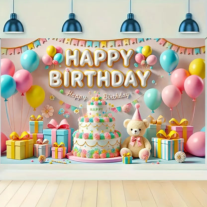 One, a "Happy Birthday" banner, colorful balloons and cake design, with a teddy bear, a birthday party background banner