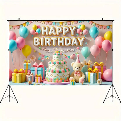 One, a "Happy Birthday" banner, colorful balloons and cake design, with a teddy bear, a birthday party background banner