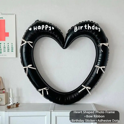 Happy Birthday Heart Photo Frame Balloon with Bowknot Stickers Girlsfriend Birthday Party Photo Props Wedding Ballon Decoration
